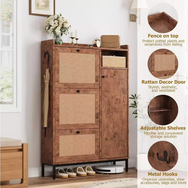 Meuble à chaussures en rotin avec 3 tiroirs basculants, meuble de rangement à chaussures en bois à 3 niveaux avec étagères réglables, organiseur de rangement à chaussures autoportant