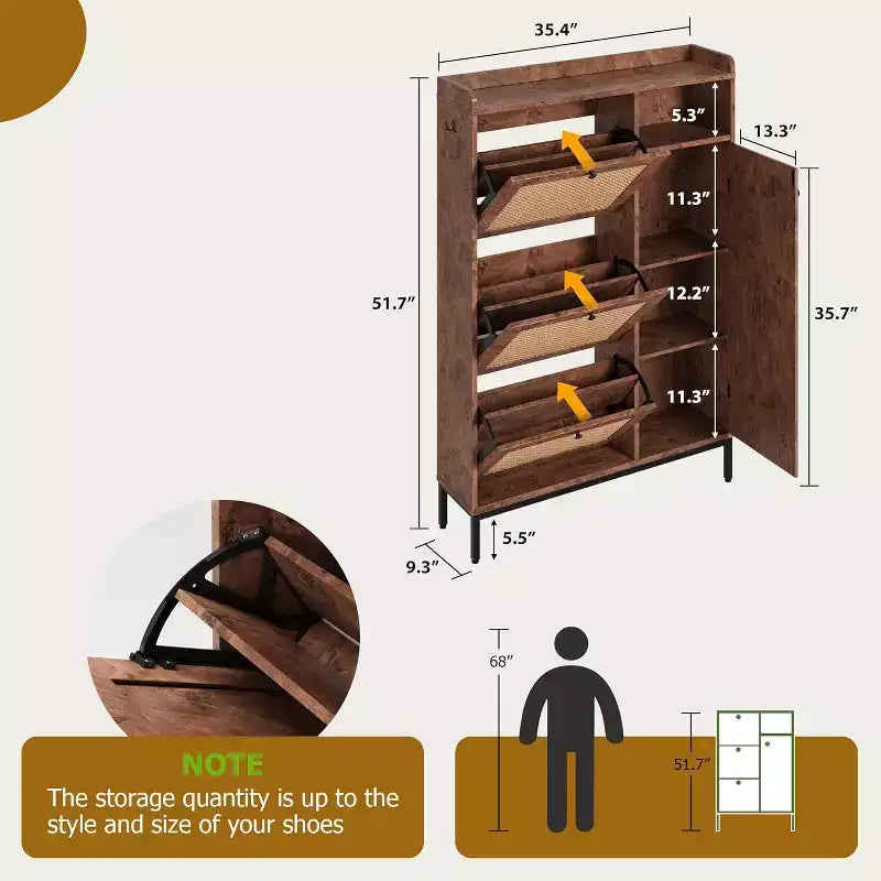 Meuble à chaussures en rotin avec 3 tiroirs basculants, meuble de rangement à chaussures en bois à 3 niveaux avec étagères réglables, organiseur de rangement à chaussures autoportant