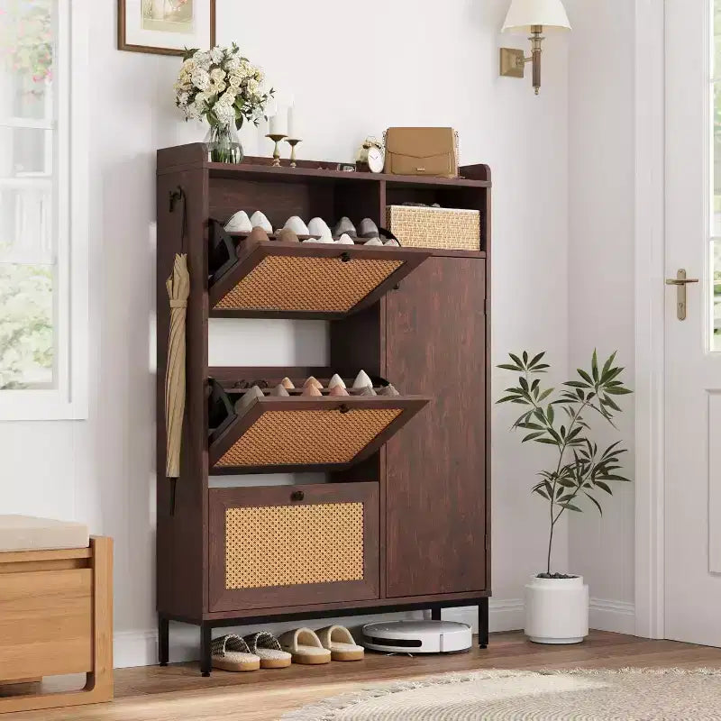 Meuble à chaussures en rotin avec 3 tiroirs basculants, meuble de rangement à chaussures en bois à 3 niveaux avec étagères réglables, organiseur de rangement à chaussures autoportant