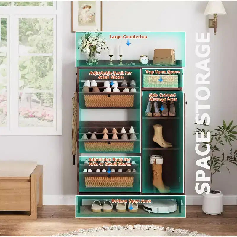 Meuble à chaussures en rotin avec 3 tiroirs basculants, meuble de rangement à chaussures en bois à 3 niveaux avec étagères réglables, organiseur de rangement à chaussures autoportant