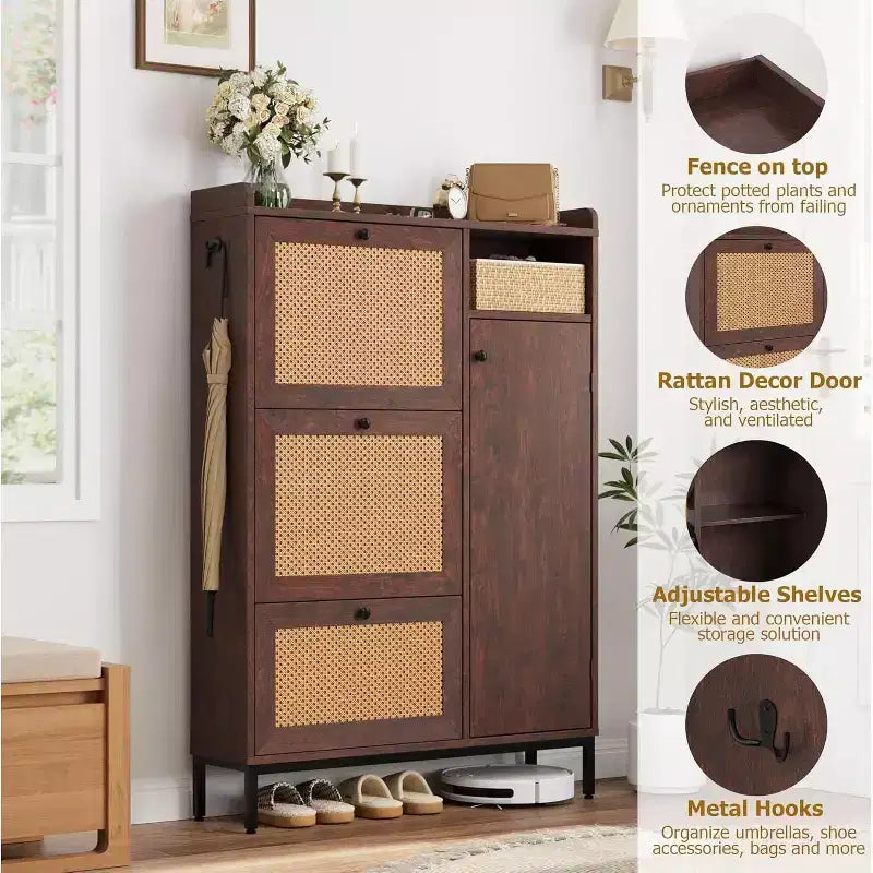 Meuble à chaussures en rotin avec 3 tiroirs basculants, meuble de rangement à chaussures en bois à 3 niveaux avec étagères réglables, organiseur de rangement à chaussures autoportant