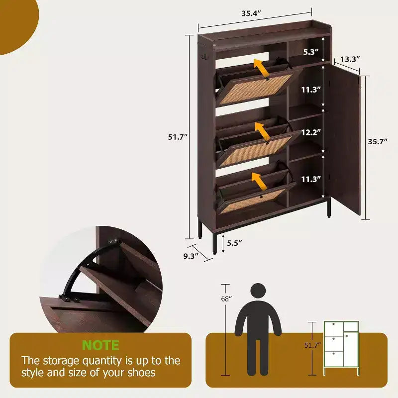 Meuble à chaussures en rotin avec 3 tiroirs basculants, meuble de rangement à chaussures en bois à 3 niveaux avec étagères réglables, organiseur de rangement à chaussures autoportant