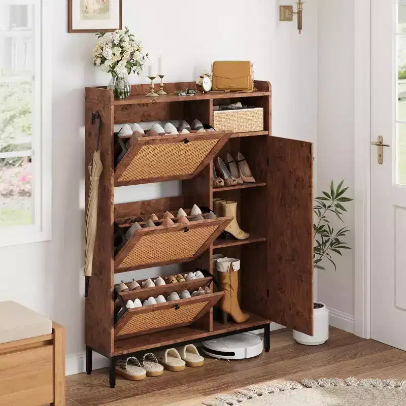 Meuble à chaussures en rotin avec 3 tiroirs basculants, meuble de rangement à chaussures en bois à 3 niveaux avec étagères réglables, organiseur de rangement à chaussures autoportant