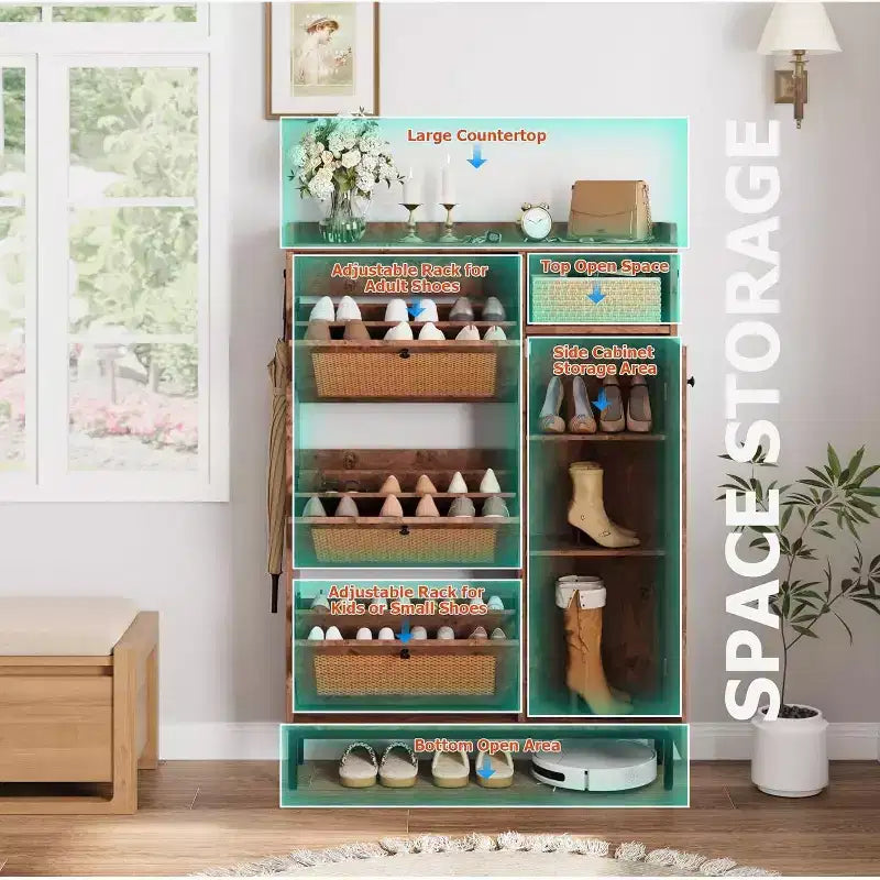 Meuble à chaussures en rotin avec 3 tiroirs basculants, meuble de rangement à chaussures en bois à 3 niveaux avec étagères réglables, organiseur de rangement à chaussures autoportant