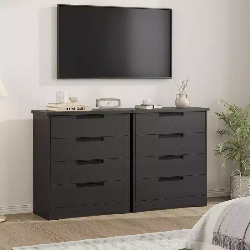 Commode à 4 tiroirs pour chambre à coucher, commode noire avec poignées encastrées, organisateur de commode en bois