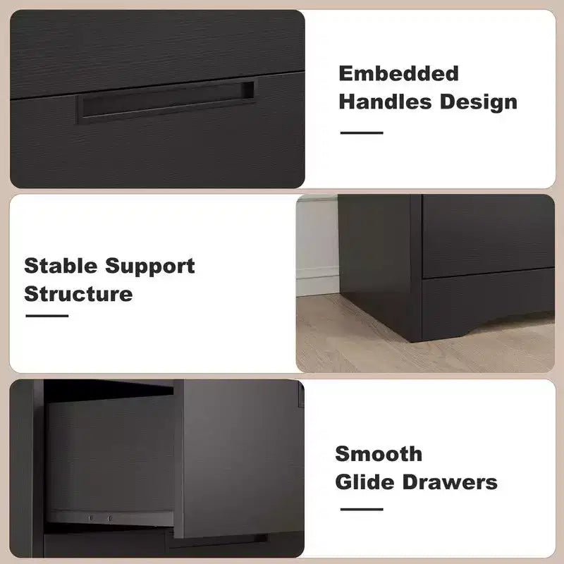 Commode à 4 tiroirs pour chambre à coucher, commode noire avec poignées encastrées, organisateur de commode en bois