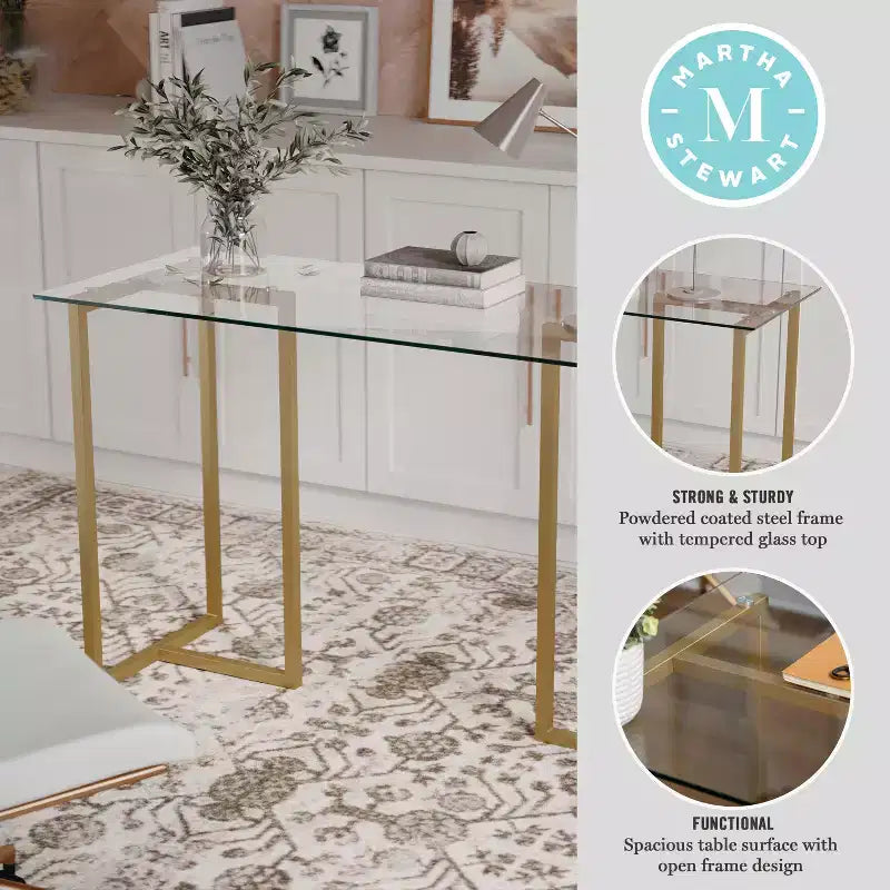 Bureau à plateau en verre et cadre métallique pour télétravail