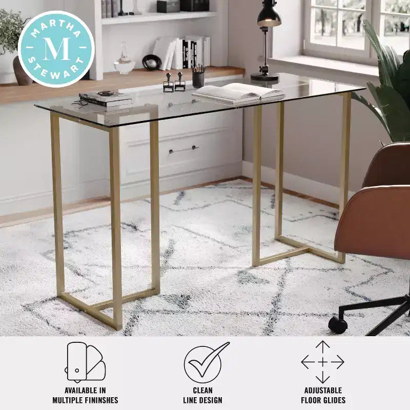 Bureau à plateau en verre et cadre métallique pour télétravail