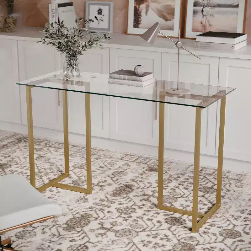 Bureau à plateau en verre et cadre métallique pour télétravail