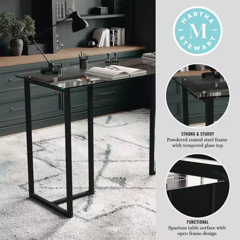 Bureau à plateau en verre et cadre métallique pour télétravail