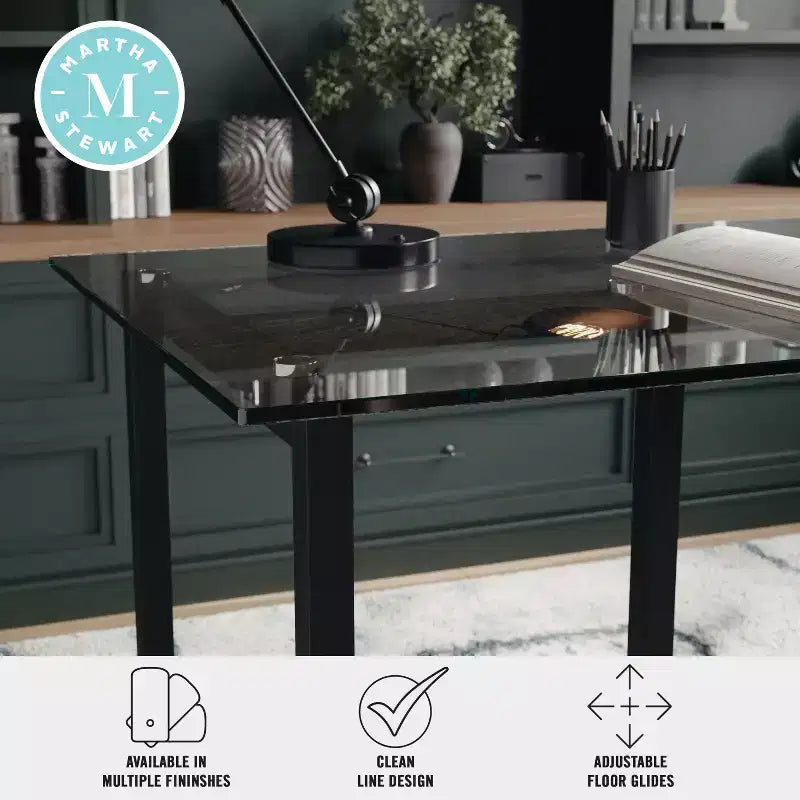 Bureau à plateau en verre et cadre métallique pour télétravail