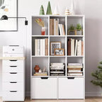 54 Tall Freestanding White Wooden Bookcases/ Bookshelf Storage Organizer with 9 Cube Open Shelf and 2 Drawers for Living Room, Office, Bedroom