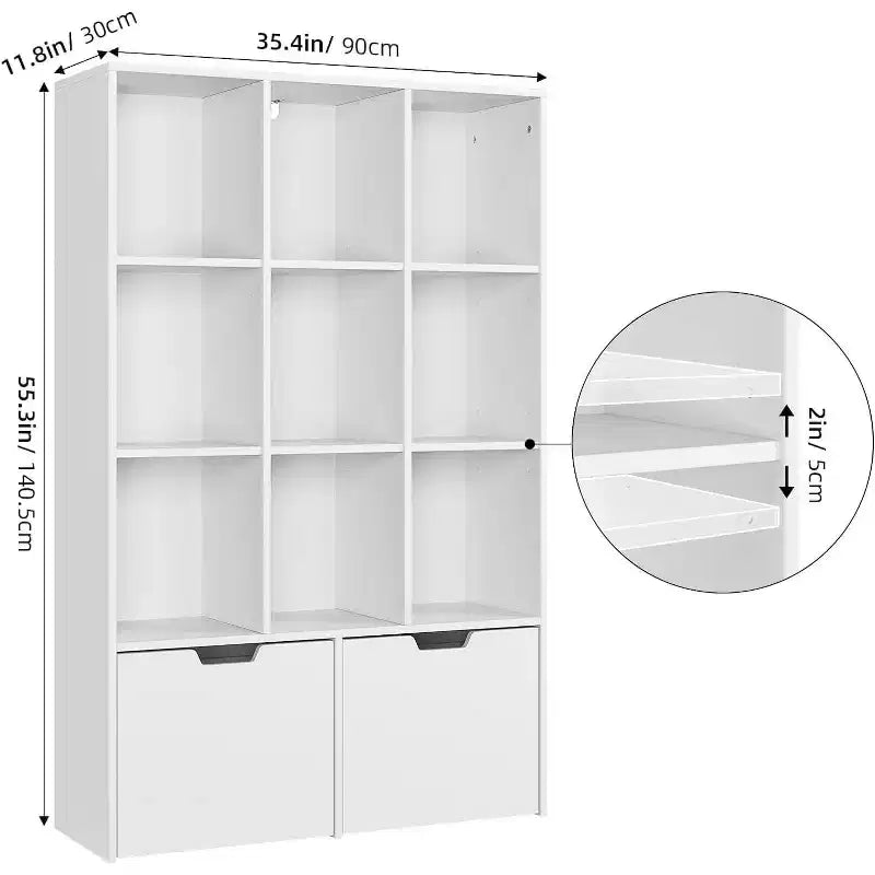 Bibliothèque/Organisateur de rangement de 137 cm de hauteur, en bois blanc, avec 9 étagères ouvertes et 2 tiroirs pour le salon, le bureau, la chambre à coucher