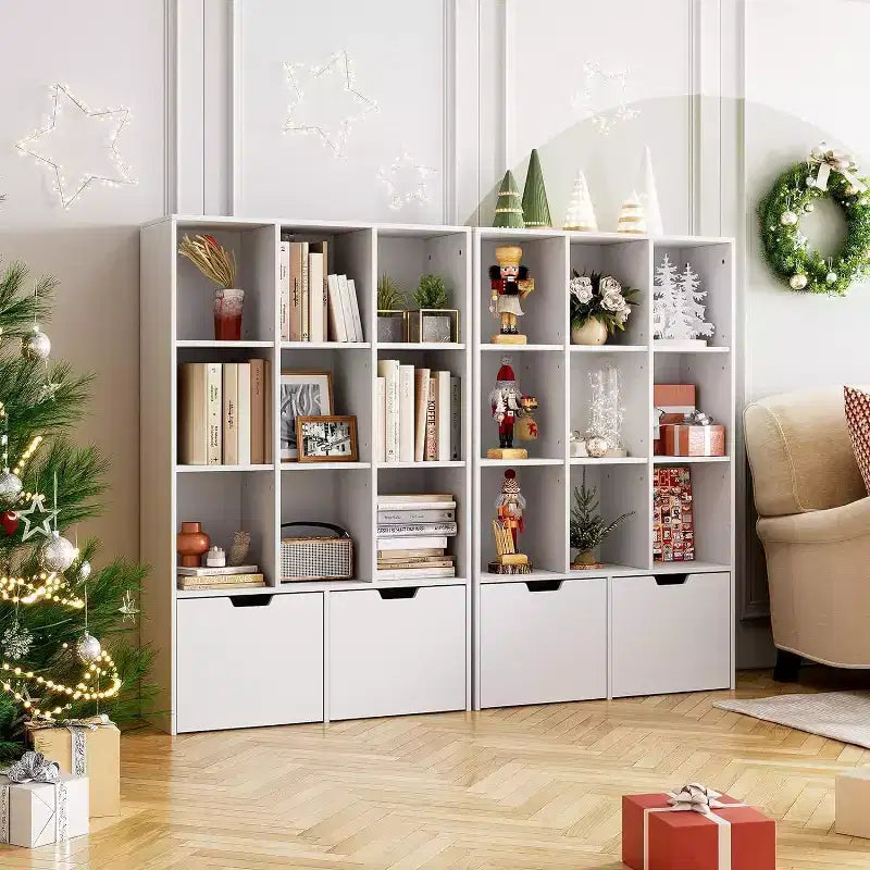 Bibliothèque/Organisateur de rangement de 137 cm de hauteur, en bois blanc, avec 9 étagères ouvertes et 2 tiroirs pour le salon, le bureau, la chambre à coucher