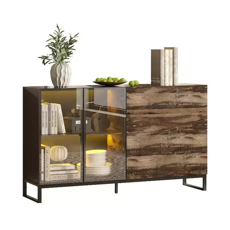 Famapy Industrial-Style Display Cabinet with 8 LED Lighting & 4 Drawers,Multi-Storage Organizer with Glass Doors,Rustic Brown & Black