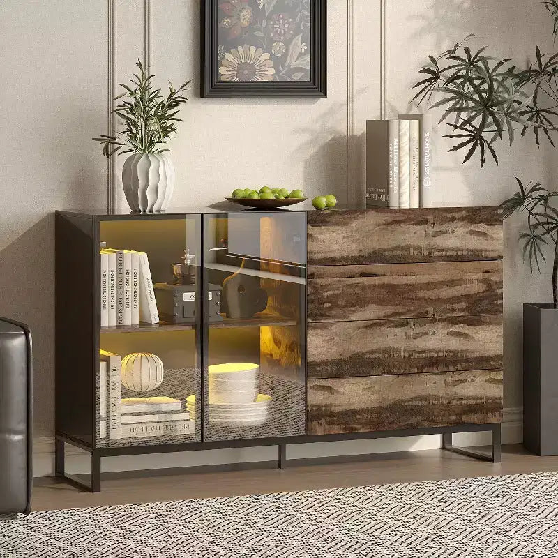 Vitrine de style industriel avec 8 lumières LED et 4 tiroirs, organisateur multi-rangements avec portes en verre, marron rustique et noir