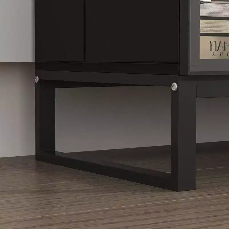 Vitrine de style industriel avec 8 lumières LED et 4 tiroirs, organisateur multi-rangements avec portes en verre, marron rustique et noir