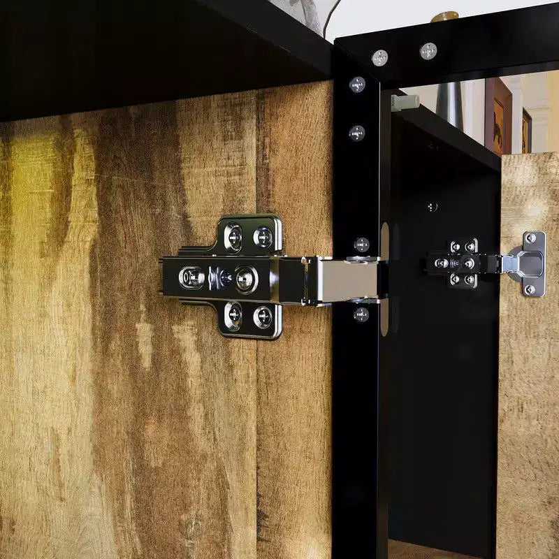 Vitrine de style industriel avec 8 lumières LED et 4 tiroirs, organisateur multi-rangements avec portes en verre, marron rustique et noir
