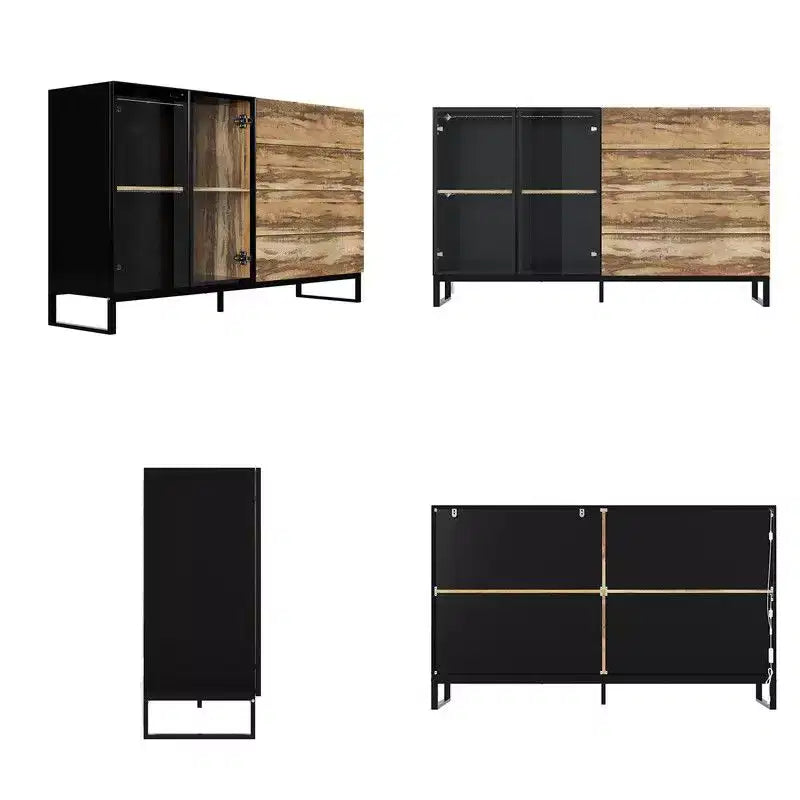 Vitrine de style industriel avec 8 lumières LED et 4 tiroirs, organisateur multi-rangements avec portes en verre, marron rustique et noir