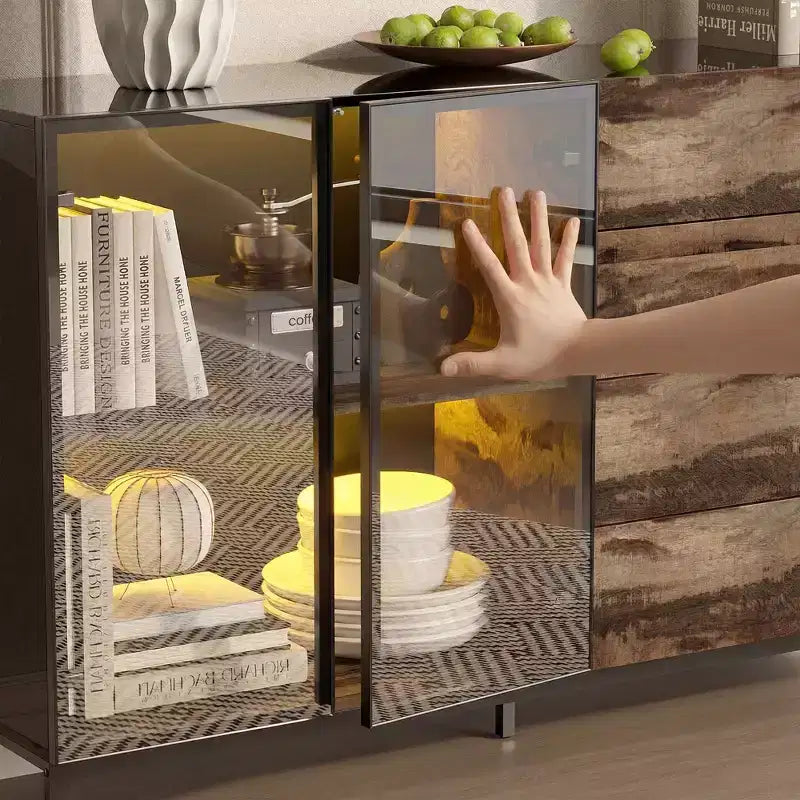 Vitrine de style industriel avec 8 lumières LED et 4 tiroirs, organisateur multi-rangements avec portes en verre, marron rustique et noir