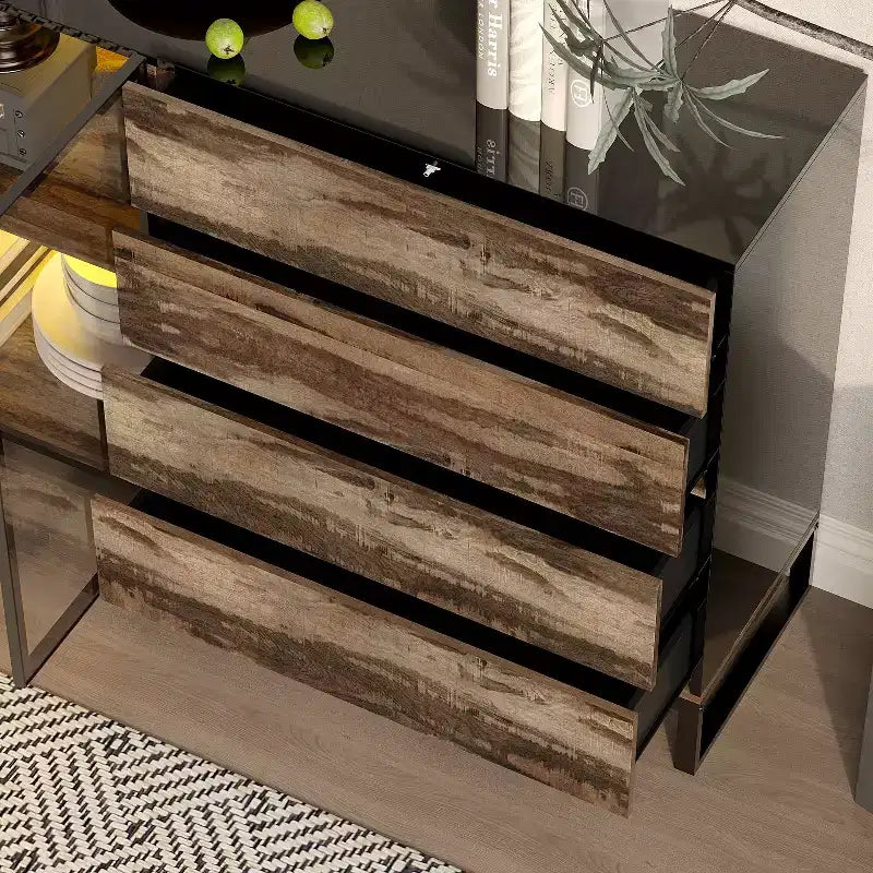 Vitrine de style industriel avec 8 lumières LED et 4 tiroirs, organisateur multi-rangements avec portes en verre, marron rustique et noir