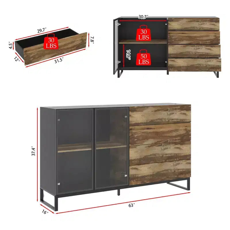 Vitrine de style industriel avec 8 lumières LED et 4 tiroirs, organisateur multi-rangements avec portes en verre, marron rustique et noir