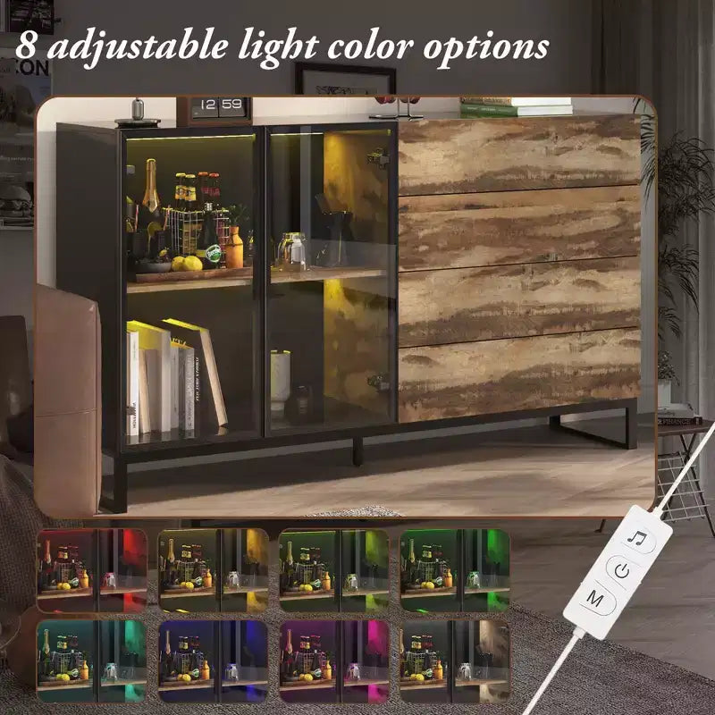 Vitrine de style industriel avec 8 lumières LED et 4 tiroirs, organisateur multi-rangements avec portes en verre, marron rustique et noir