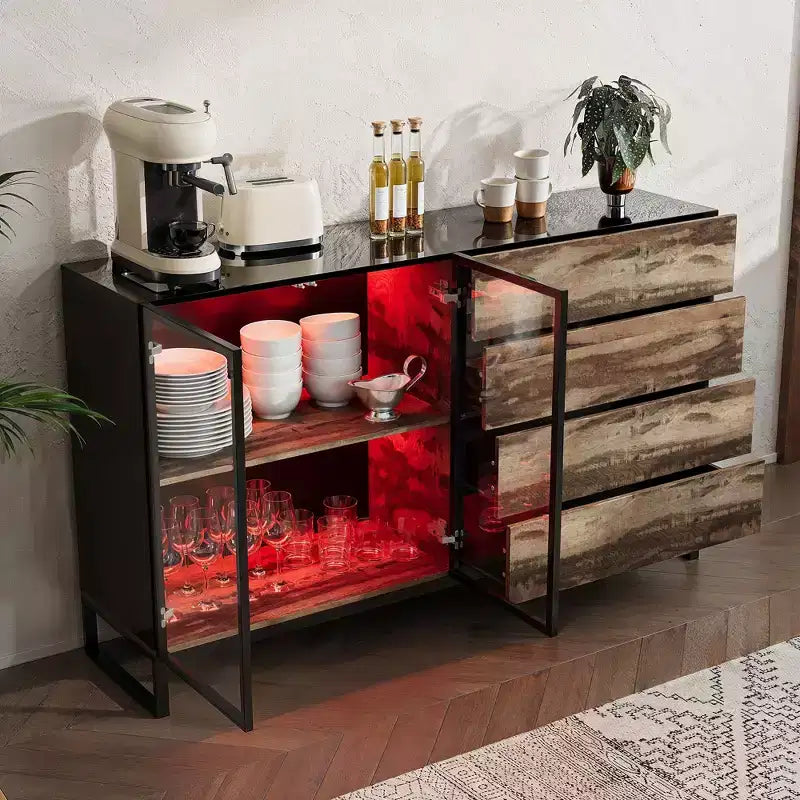 Vitrine de style industriel avec 8 lumières LED et 4 tiroirs, organisateur multi-rangements avec portes en verre, marron rustique et noir