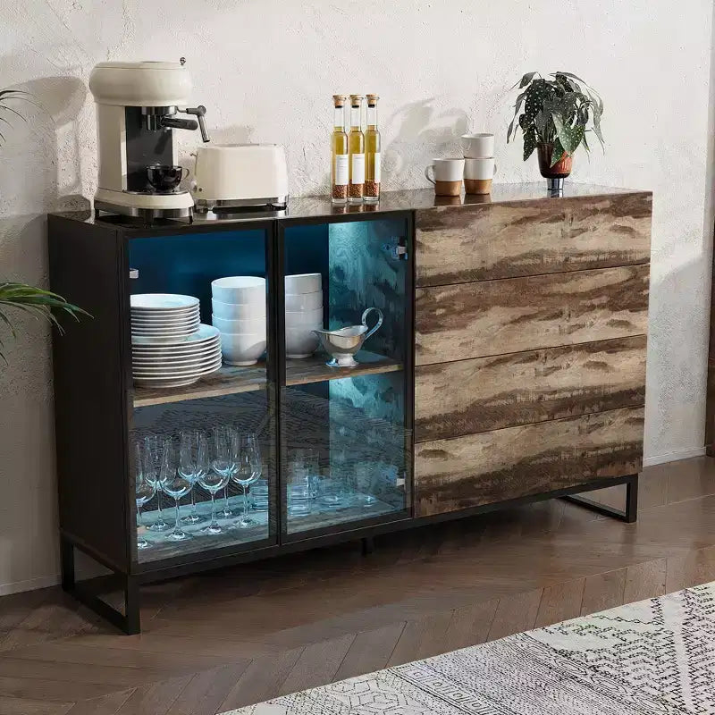 Vitrine de style industriel avec 8 lumières LED et 4 tiroirs, organisateur multi-rangements avec portes en verre, marron rustique et noir