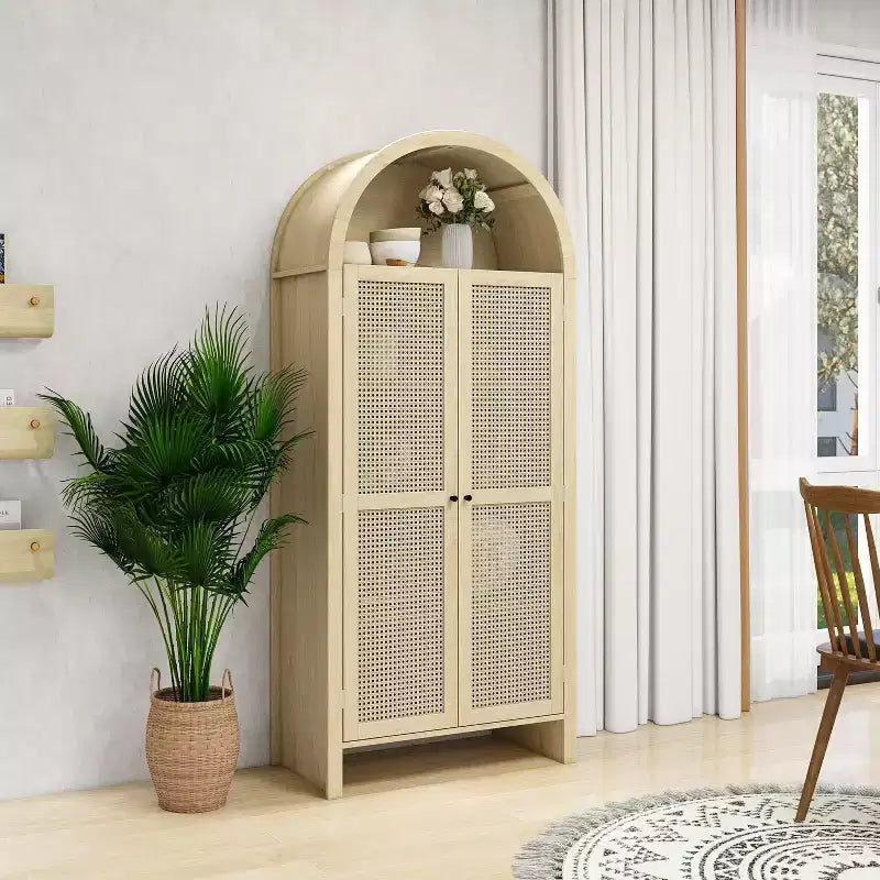 Vitrine cintrée, buffet avec 2 portes et 2 tiroirs, armoire autoportante pour salon, salle à manger, bureau, naturel