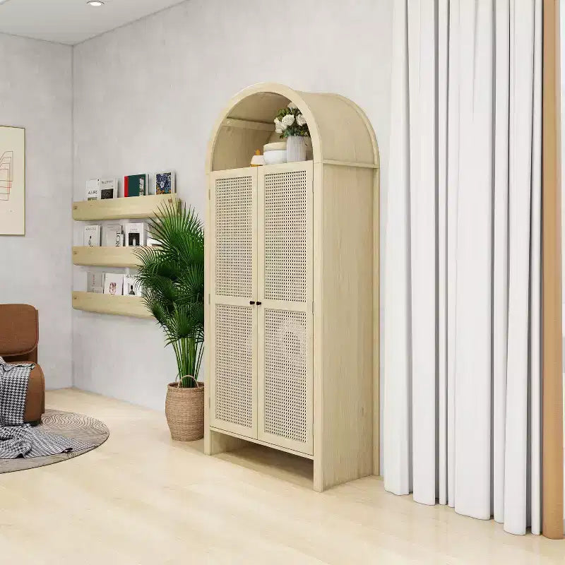 Vitrine cintrée, buffet avec 2 portes et 2 tiroirs, armoire autoportante pour salon, salle à manger, bureau, naturel