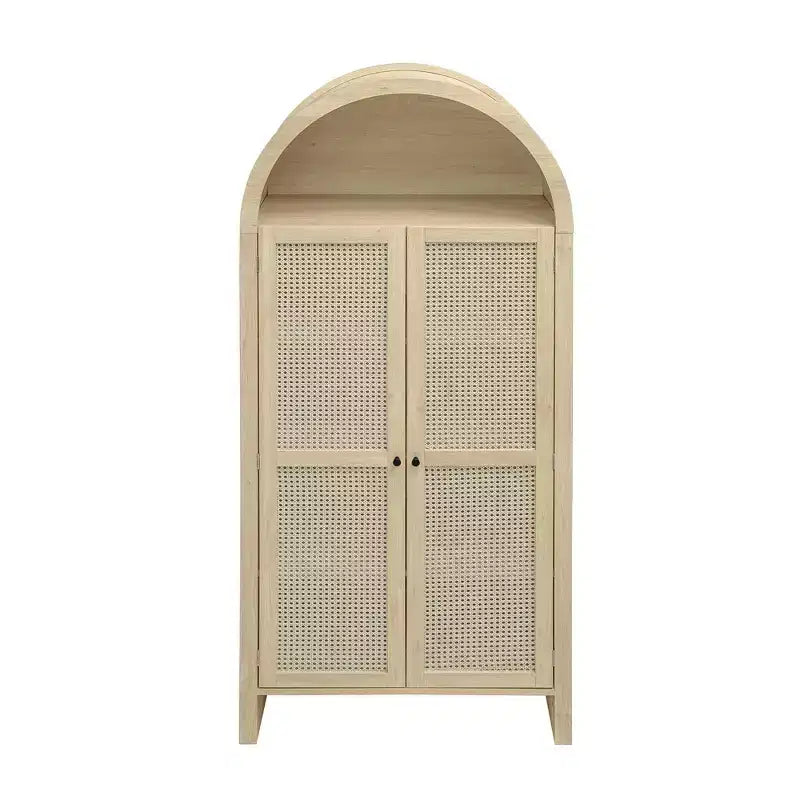 Vitrine cintrée, buffet avec 2 portes et 2 tiroirs, armoire autoportante pour salon, salle à manger, bureau, naturel