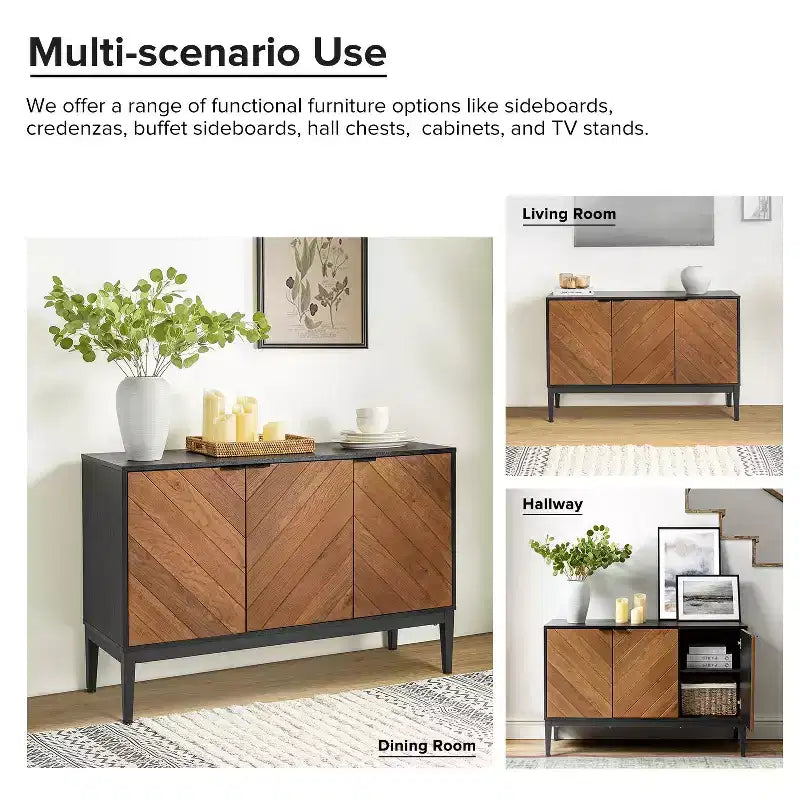 Buffet de rangement moderne de 47 po de largeur avec pieds réglables en métal noir, noir