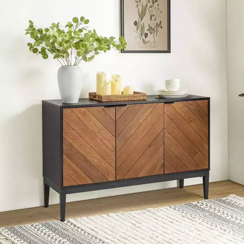 Buffet de rangement moderne de 47 po de largeur avec pieds réglables en métal noir, noir