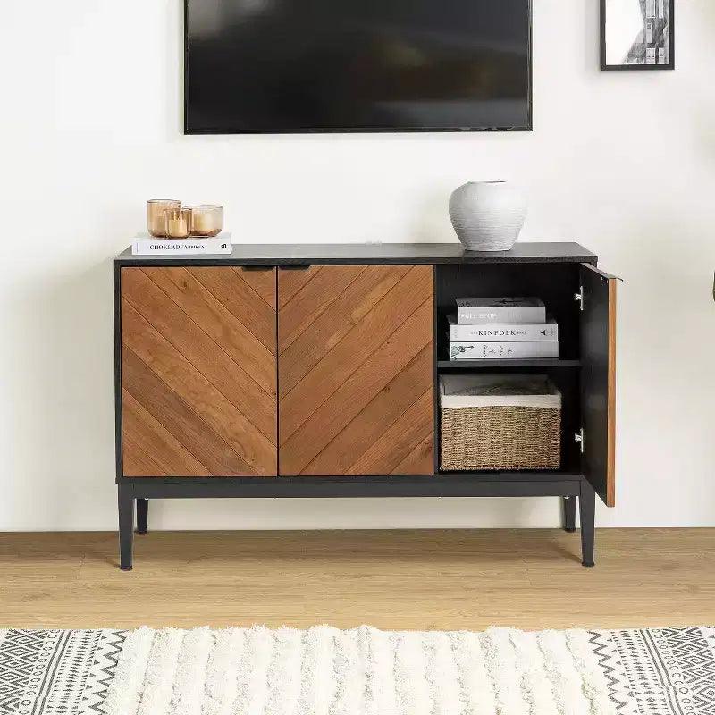 Buffet de rangement moderne de 47 po de largeur avec pieds réglables en métal noir, noir