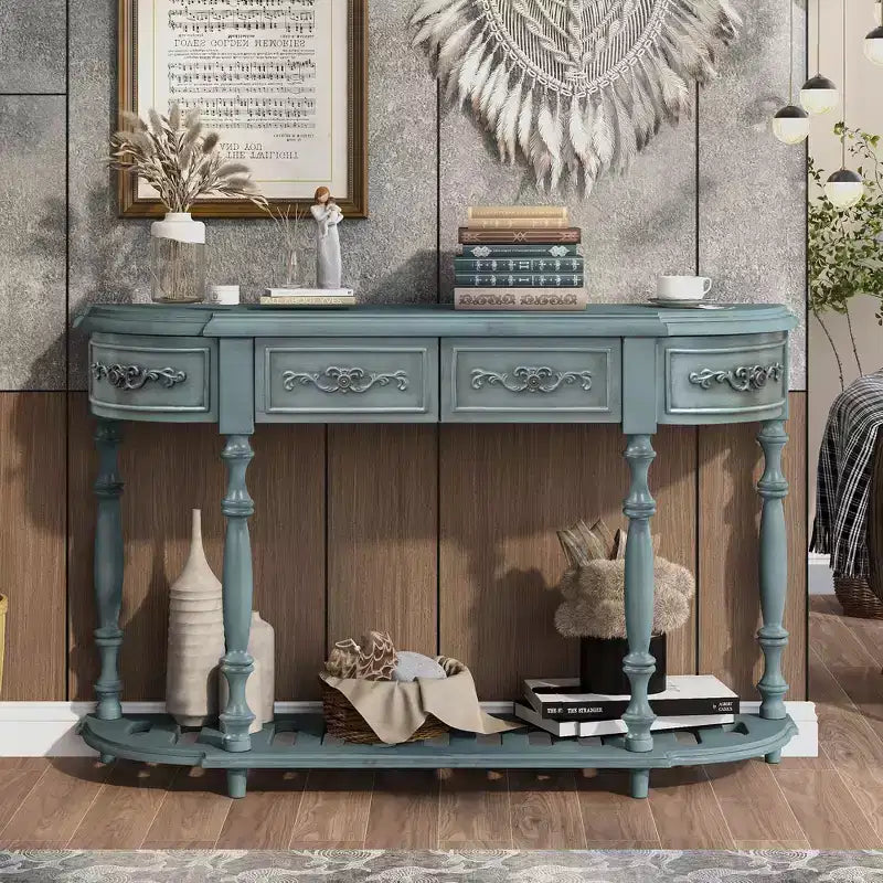 Okak 52IN Vintage Curved Console Table with Exquisite Carvings, Entryway Table with 4 Drawers and 1 Shelf, Accent Table for Living Room, Blue