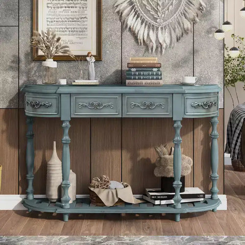 Okak 52IN Vintage Curved Console Table with Exquisite Carvings, Entryway Table with 4 Drawers and 1 Shelf, Accent Table for Living Room, Blue