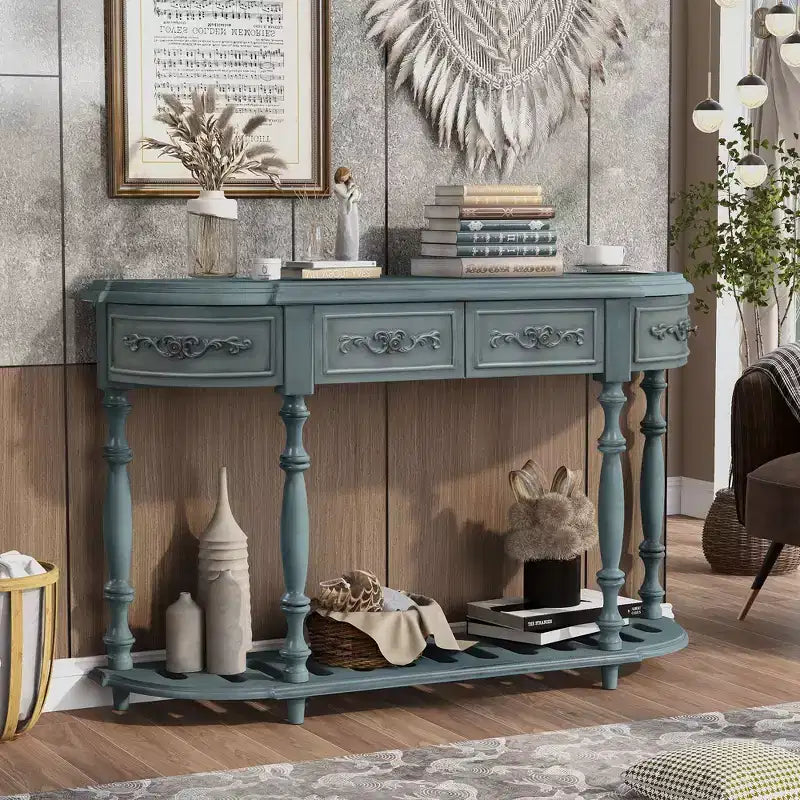 Table console incurvée vintage 52 po avec sculptures exquises, table d'entrée avec 4 tiroirs et 1 étagère, table d'appoint pour le salon, bleu