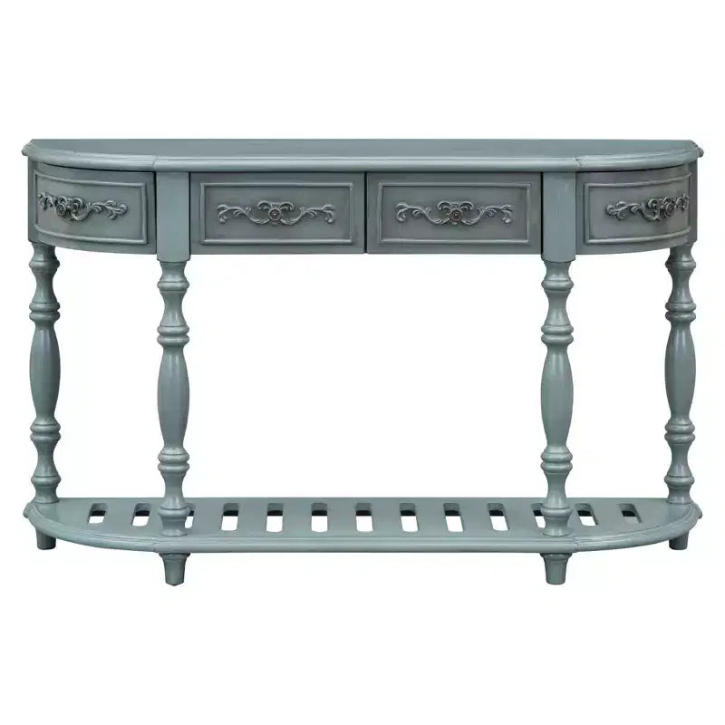 Table console incurvée vintage 52 po avec sculptures exquises, table d'entrée avec 4 tiroirs et 1 étagère, table d'appoint pour le salon, bleu
