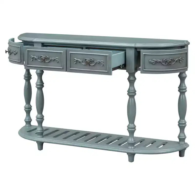 Table console incurvée vintage 52 po avec sculptures exquises, table d'entrée avec 4 tiroirs et 1 étagère, table d'appoint pour le salon, bleu