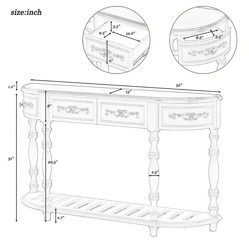 Table console incurvée vintage 52 po avec sculptures exquises, table d'entrée avec 4 tiroirs et 1 étagère, table d'appoint pour le salon, bleu