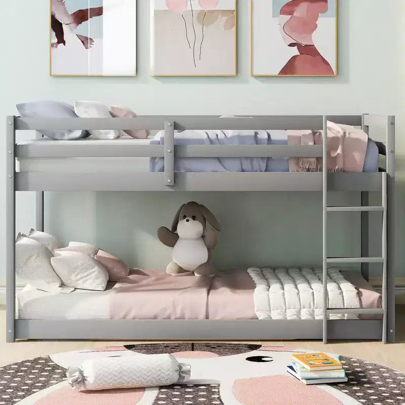 Okak 79.3IN Twin-Over-Twin Bunk Bed with Ladder, Kids Bunk Beds with Safety Guardrail, Bed Frames for Kids Room, Play Room, Gray