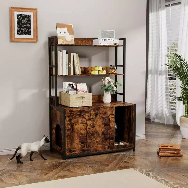 Grand meuble cache-litière pour chat avec rangement, meuble pour chat de 132 cm avec tapis à griffer et 2 étagères