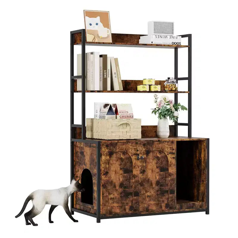 Grand meuble cache-litière pour chat avec rangement, meuble pour chat de 132 cm avec tapis à griffer et 2 étagères