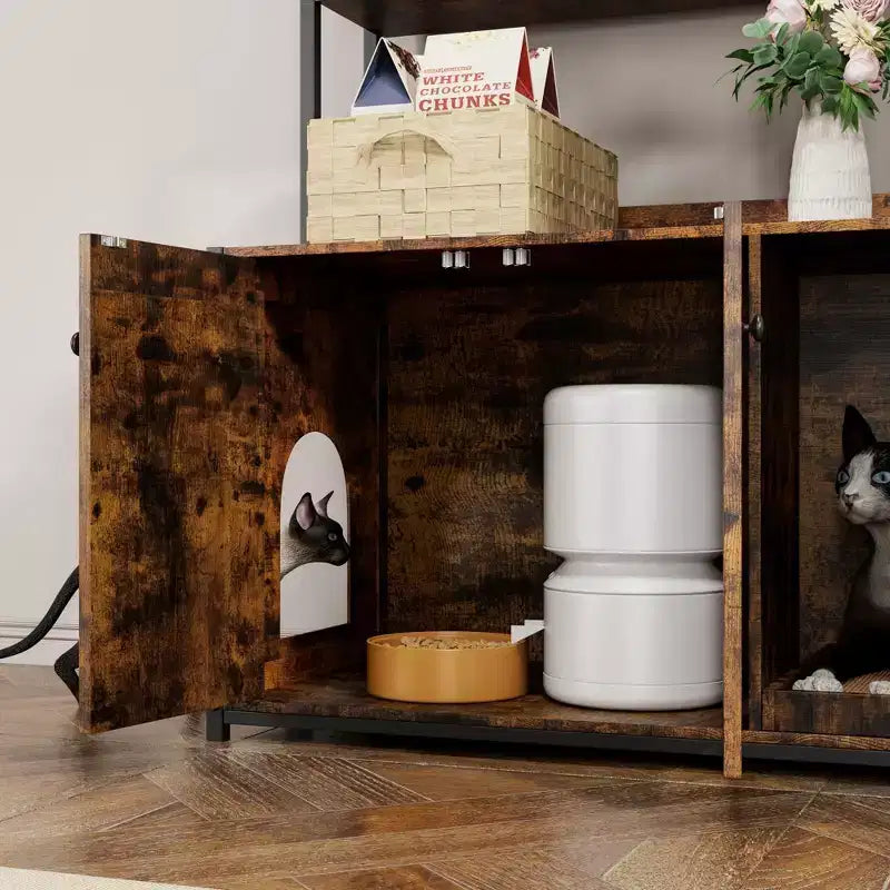 Grand meuble cache-litière pour chat avec rangement, meuble pour chat de 132 cm avec tapis à griffer et 2 étagères