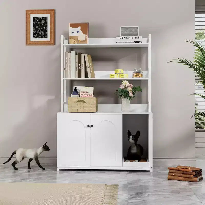 Grand meuble cache-litière pour chat avec rangement, meuble pour chat de 132 cm avec tapis à griffer et 2 étagères