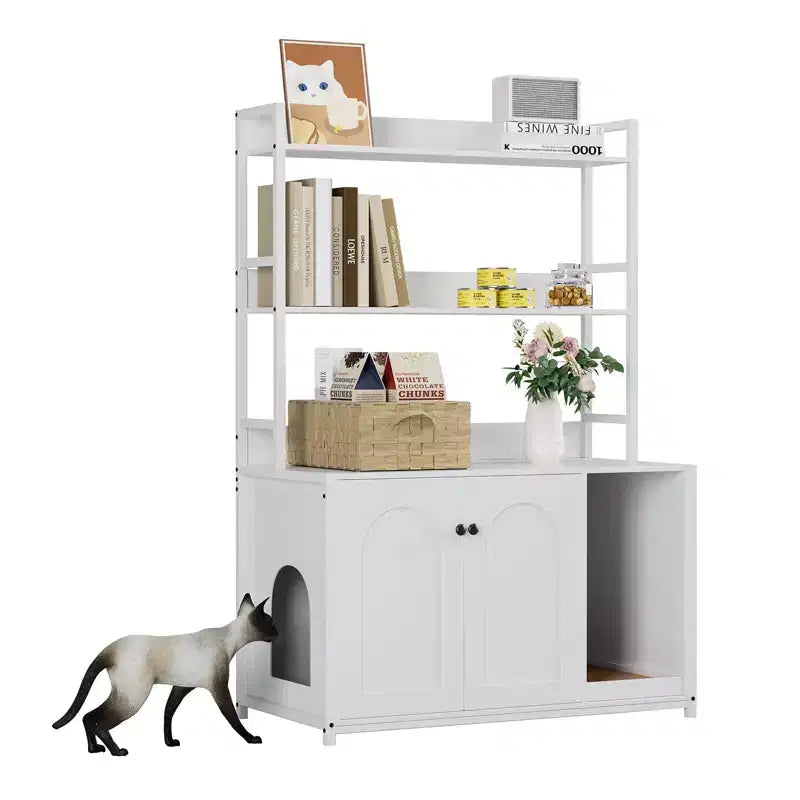 Grand meuble cache-litière pour chat avec rangement, meuble pour chat de 132 cm avec tapis à griffer et 2 étagères