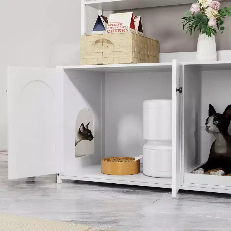 Grand meuble cache-litière pour chat avec rangement, meuble pour chat de 132 cm avec tapis à griffer et 2 étagères