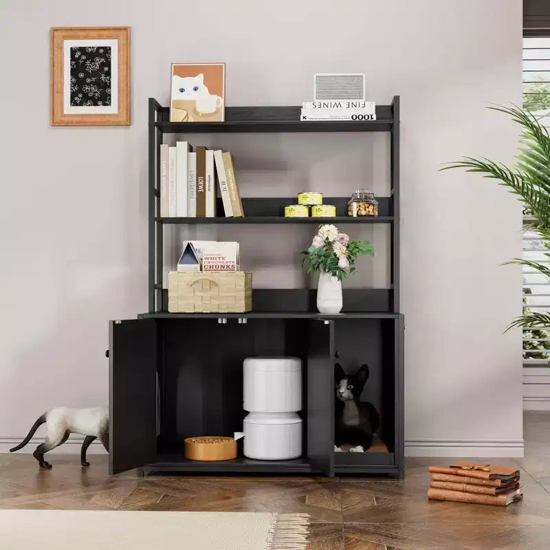 Grand meuble cache-litière pour chat avec rangement, meuble pour chat de 132 cm avec tapis à griffer et 2 étagères