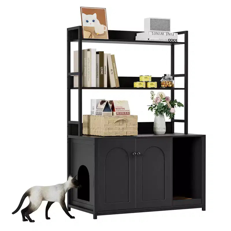 Grand meuble cache-litière pour chat avec rangement, meuble pour chat de 132 cm avec tapis à griffer et 2 étagères